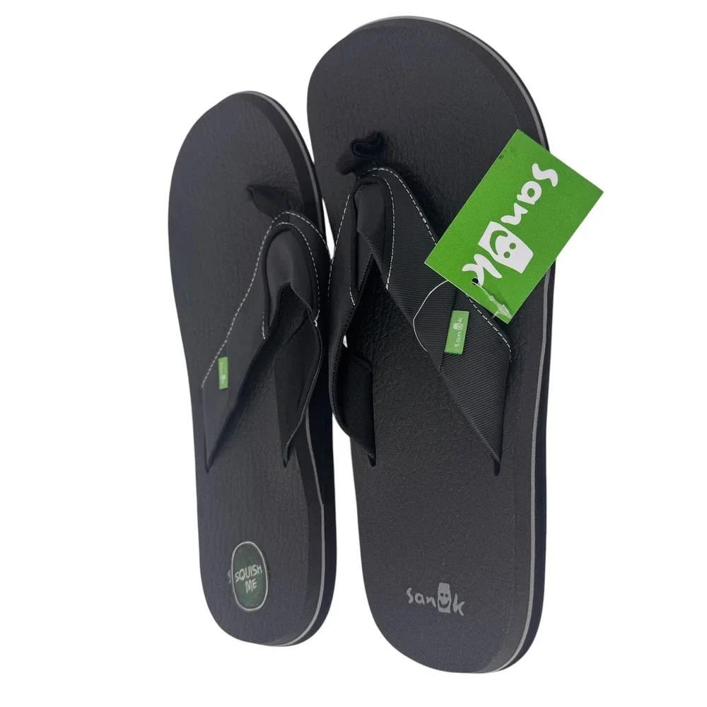 Sanuk Beer Cozy Mens Black Flip Flop Sandals Yoga Mat Footbed BLK Sz 12 NWT